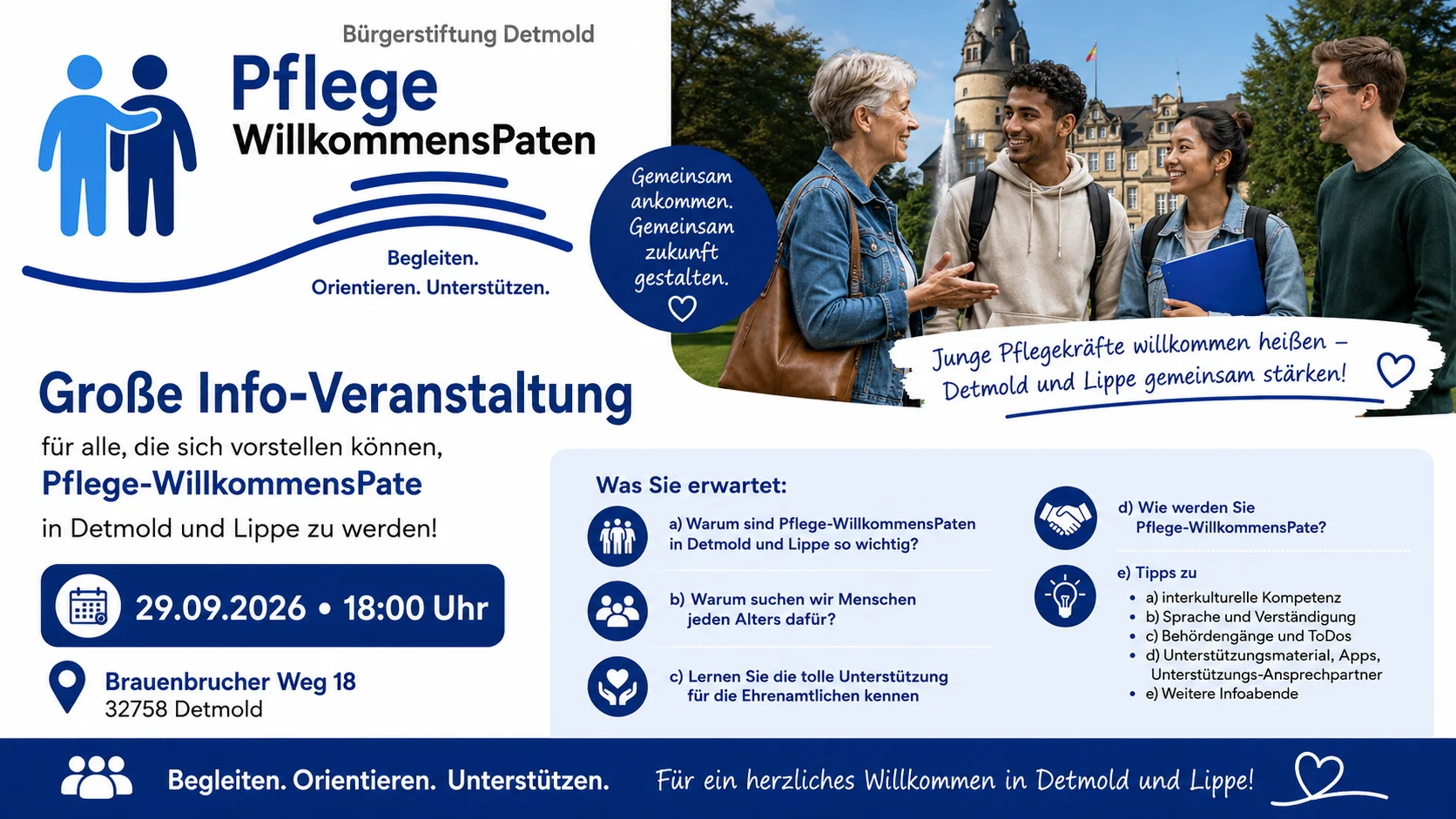 Plakat der BĂĽrgerstiftung Detmold zur groĂźen Info-Veranstaltung Pflege-WillkommensPaten am 29.09.2026 um 18 Uhr, Brauenbrucher Weg 18, Detmold