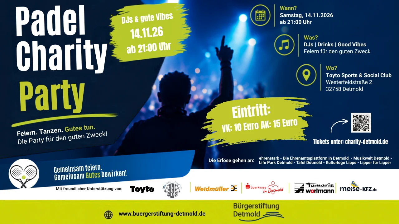 Plakat zur Charity-Party am 14. November 2026 im Toyto Sports & Social Club Detmold