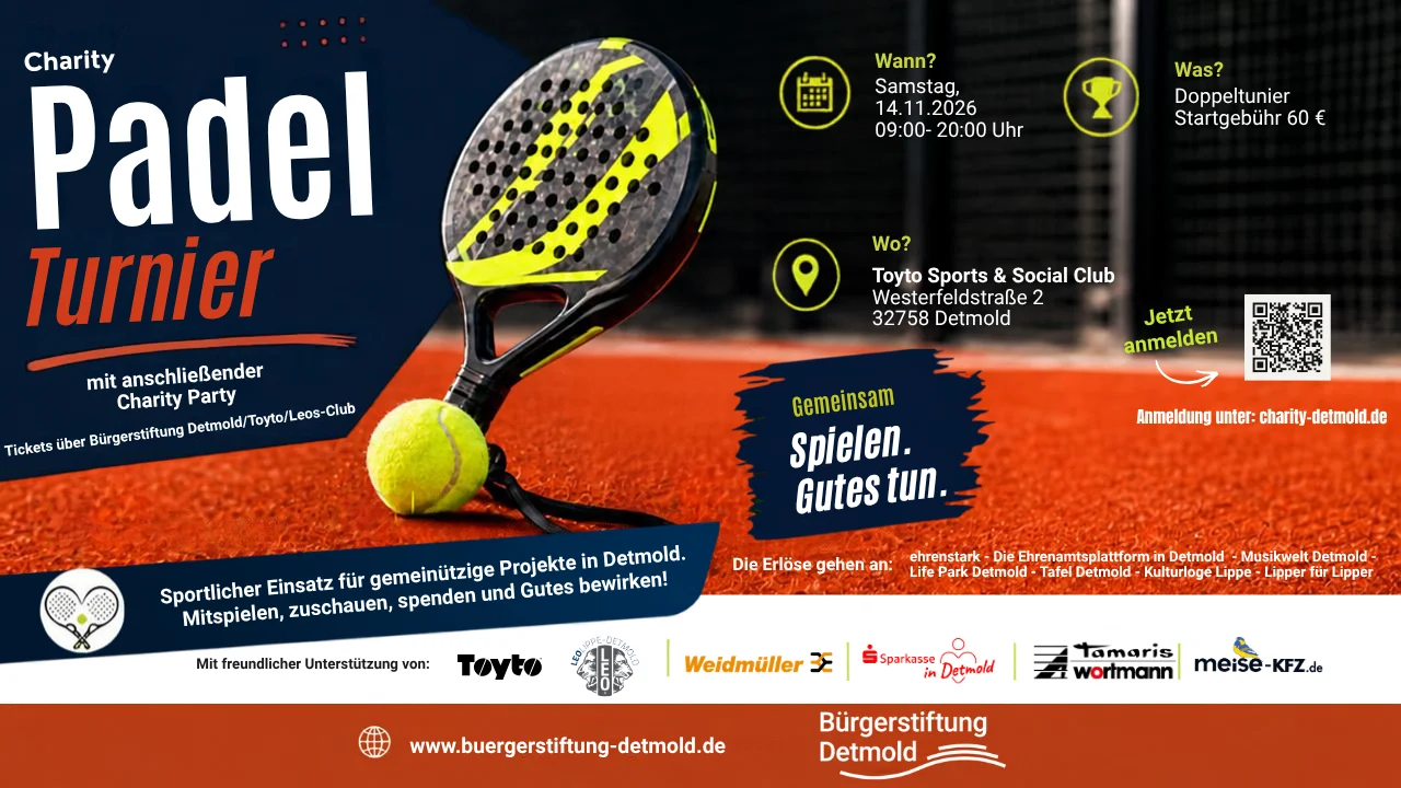 Plakat zum Charity-Padelturnier am 14. November 2026 im Toyto Sports & Social Club Detmold